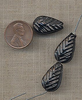 50 VINTAGE GLASS HANDMADE JET 20x11mm LEAVE BEADS