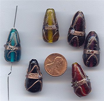 6 VINTAGE HANDMADE GLASS ASST 30X15mm DROP BEADS