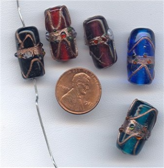 6 VINTAGE HANDMADE GLASS ASST 22X12mm CYLINDER BEADS
