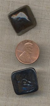 6 VINTAGE GLASS OLIVINE 19x11mm. SQUARE CABOCHONS