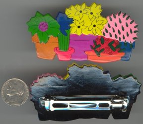 VINTAGE HANDPAINTED ASSORTED FLOWER CACTUS 3" HAND MADE BARRETTE