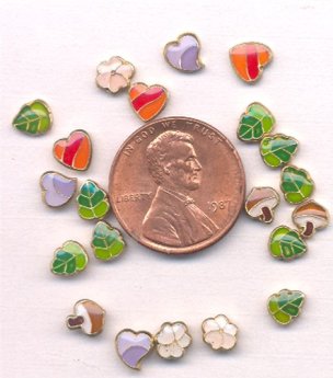 50 VINTAGE LEAVES HEARTS FLOWERS MUSHROOMS ENAMEL 6mm. PLAQUES