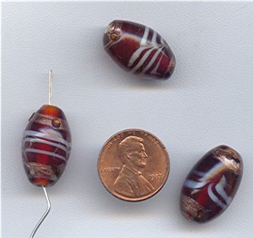 3 VINTAGE HANDMADE GLASS RUBY SWIRL 22X14mm OVAL BEADS