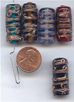 6 VINTAGE HANDMADE GLASS ASST. 27X12mm CYLINDER BEADS