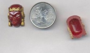 3 VINTAGE DARK CORAL 21X16mm. GLASS ASIAN WARRIOR CAMEOS