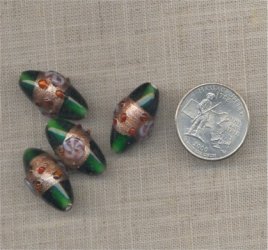 6 VINTAGE EMERALD GOLD GLASS 23mm OVAL BEADS