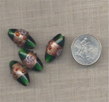 6 VINTAGE EMERALD GOLD GLASS 23mm OVAL BEADS