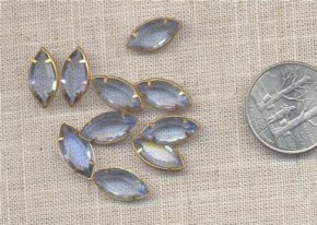 6 VINTAGE LIGHT SAPPHIRE GLASS 16X8mm NAVETTE IN BRASS SETTING