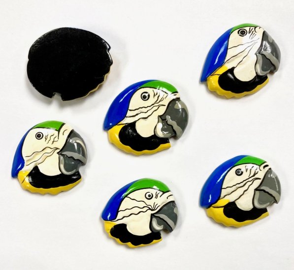 (image for) 6 VINTAGE HANDPAINTED MACAW PARROT WOODEN FINDINGS