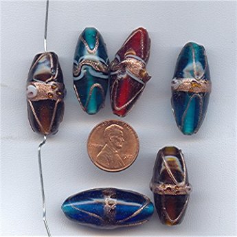 (image for) 7 VINTAGE HANDMADE GLASS ASSORTED 34X15mm OVAL BEADS