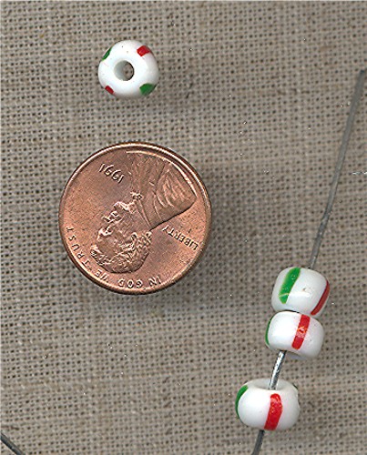 100 VINTAGE GLASS RED GREEN WHITE STRIPE CANDY CANE TIRE BEADS - Click Image to Close